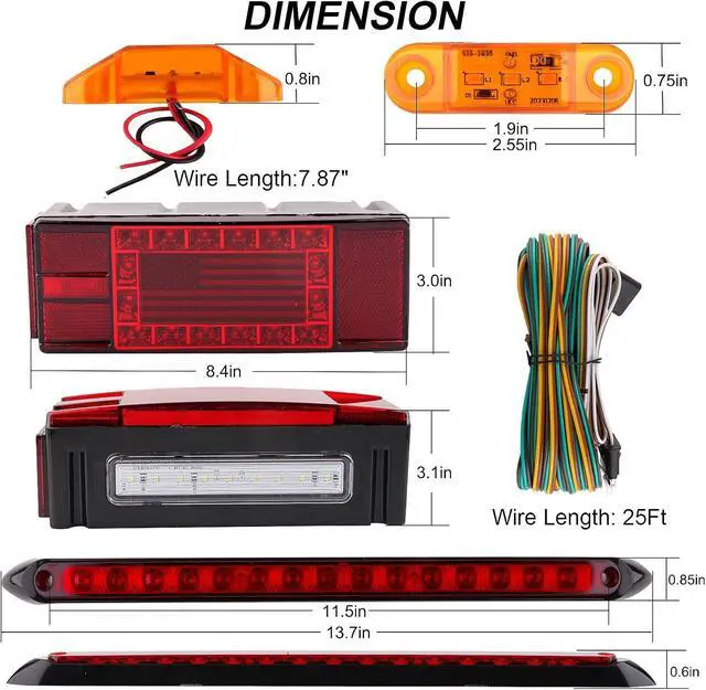 Alt view image 4 of 7 - Submersible LED Trailer Tail Light Kit 12V w/25FT Wiring Harnness | Rectangular Led Boat Trailer Brake Stop Turn Tail License Plate Lights w/Mini Markers/Tail Strip Bar for Camper Truck RV Boat