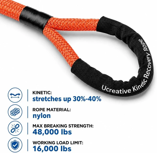 Alt view image 2 of 6 - 1" x 30' Orange Kinetic Rope & 2PCS Synthetic Soft Shackles Kit | Max 48,000 lbs Breaking Strength, Off-Road Recovery for 4WD Truck & SUV