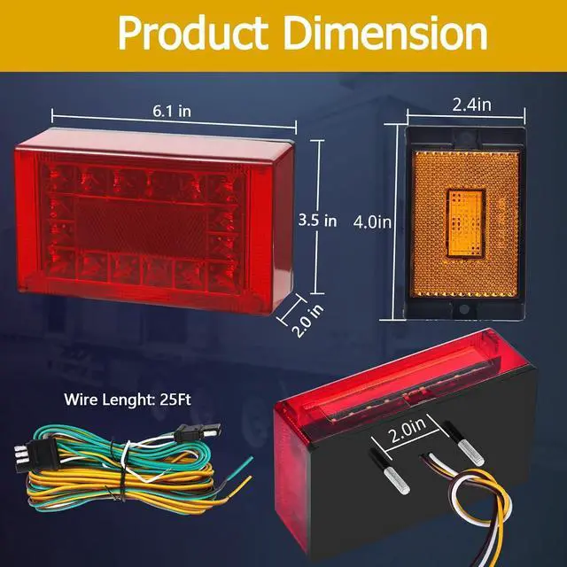 Alt view image 5 of 7 - 6inch Boat Trailer Lights LED Kit, Submersible Trailer Light | Rectangular Stop Turn Tail License Plate Boat Trailer Light kit w/Amber Marker Lights, 25ft Wiring Harness