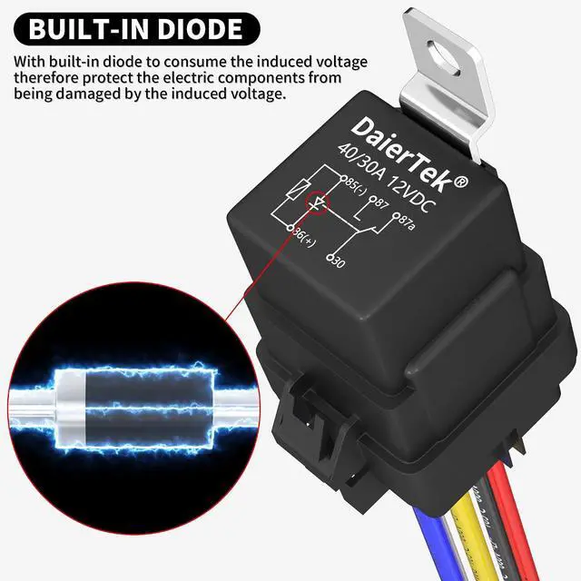 Alt view image 3 of 6 - DaierTek 8 Pack 12V Relay with Built-in Diode & 12 AWG Harness Socket 30A/40A Heavy Duty SPDT 5 Pin Relay Waterproof for Car Marine Boat