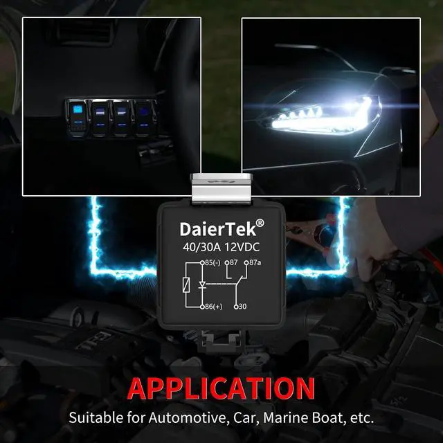 Alt view image 6 of 6 - DaierTek 8 Pack 12V Relay with Built-in Diode & 12 AWG Harness Socket 30A/40A Heavy Duty SPDT 5 Pin Relay Waterproof for Car Marine Boat