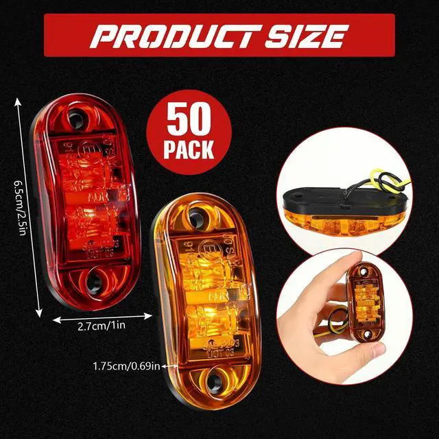 Alt view image 2 of 7 - 50 Pcs LED Trailer Lights 2.5 Inch Oval Trailer Marker Lights Automotive Side Marker Running Light 2 Diode Universal LED Light Kit for RV Camper Truck Van Boat (Amber, Red)