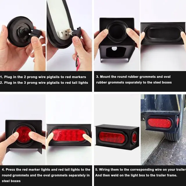 Alt view image 5 of 6 - 2Pcs Steel Trailer Lights Boxes Housing Kit w/6 Inch Oval Red LED Trailer Tail Lights 10LED and 2" Round Red LED Side Marker Lights 4LED, Grommets and Wire Pigtails Connectors Included
