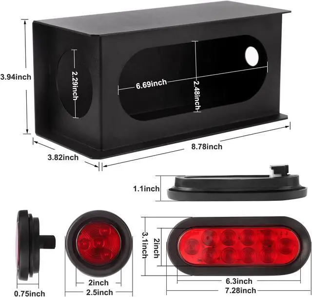 Alt view image 6 of 6 - 2Pcs Steel Trailer Lights Boxes Housing Kit w/6 Inch Oval Red LED Trailer Tail Lights 10LED and 2" Round Red LED Side Marker Lights 4LED, Grommets and Wire Pigtails Connectors Included