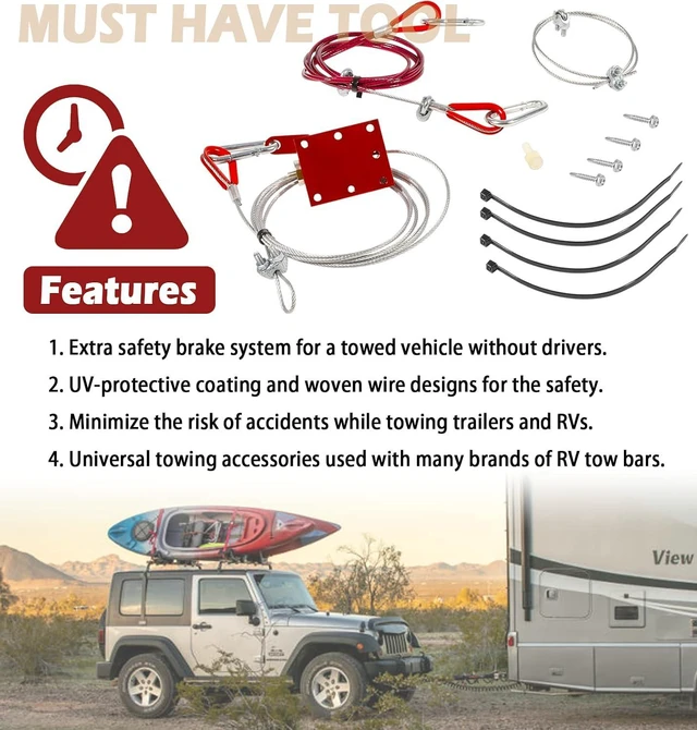 Alt view image 2 of 7 - Flat Tow Breakaway Cable System for RV Towing, Ready Stop Device with Supplemental Safety Cable Kit for Tow Bars and Flat Towed Vehicles