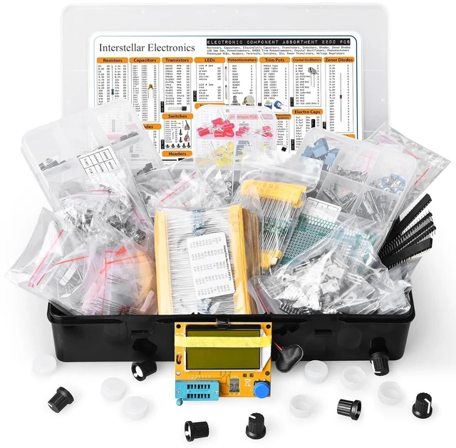 Main image of 2200 pcs Electronic Component Assortment | Resistors, Capacitors, Inductors, Diodes, Transistors, Potentiometer, IC, LED, PCB & LCR Tester