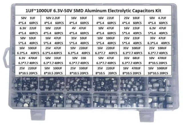 Main image of 1500Pcs Lot 1UF-1000UF 6.3V-50V 36 Value SMD Aluminum Electrolytic Capacitors Assortment Kit with Box