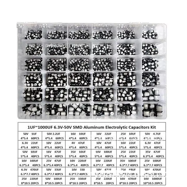 Alt view image 2 of 2 - 1500Pcs Lot 1UF-1000UF 6.3V-50V 36 Value SMD Aluminum Electrolytic Capacitors Assortment Kit with Box