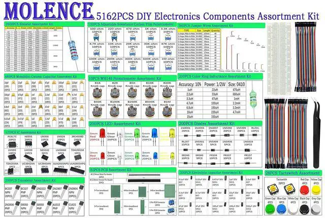 Alt view image 2 of 7 - 5162pcs DIY Electronics Components Kit Assortment | Resistor, Inductor, Capacitor, LED, Triode, ICS, Diodes, PCB, Potentiometer, Pin Header, Jumper Wire, Terminals, Tactswitch