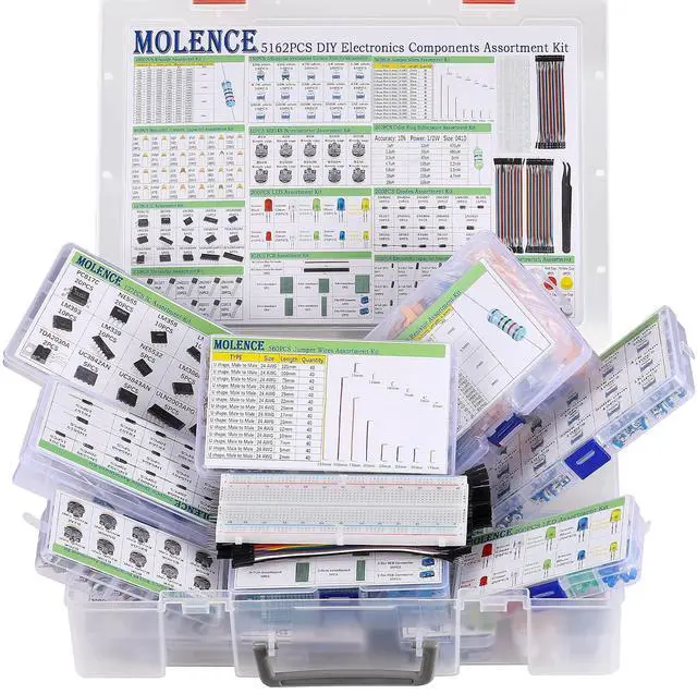 Main image of 5162pcs DIY Electronics Components Kit Assortment | Resistor, Inductor, Capacitor, LED, Triode, ICS, Diodes, PCB, Potentiometer, Pin Header, Jumper Wire, Terminals, Tactswitch