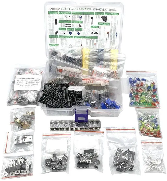 Main image of Electronic Component Kit Total 2050 Pcs, LED Diodes, Resistors, Electrolytic Capacitor Package, Common Diodes, Ceramic Capacitors, Digital Tube,Common Transistor,Integrated Circuit Assortment Box