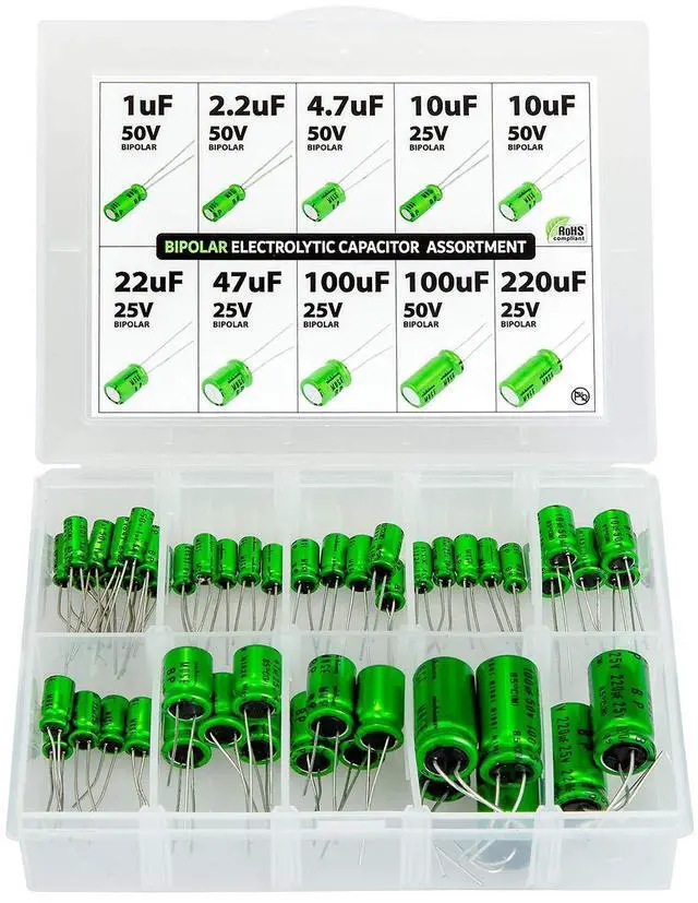 Main image of Bipolar (Non Polarized) BP NP Audio Electrolytic Capacitor Assortment Kit, 50 pcs, 10 Values, 25-50 Volt, 1uF, 2.2uF, 4.7uF, 10uF, 22uF, 47uF, 100uF, 220uF
