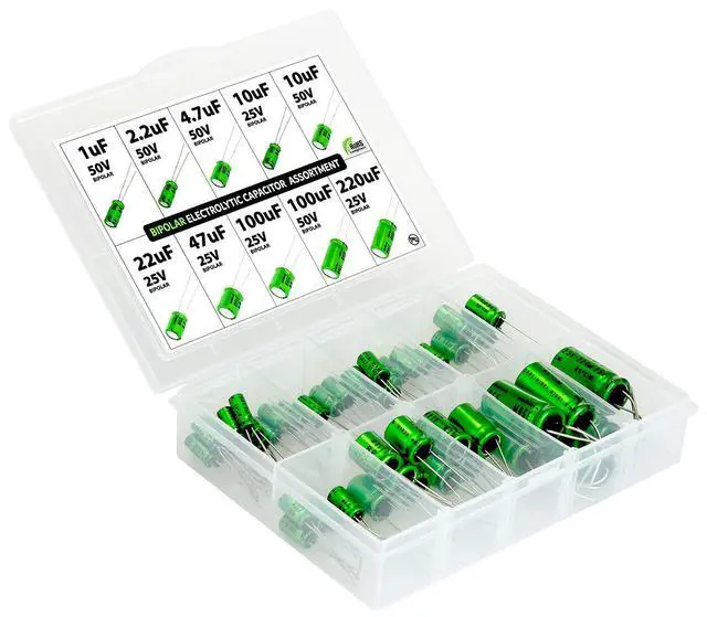 Alt view image 2 of 3 - Bipolar (Non Polarized) BP NP Audio Electrolytic Capacitor Assortment Kit, 50 pcs, 10 Values, 25-50 Volt, 1uF, 2.2uF, 4.7uF, 10uF, 22uF, 47uF, 100uF, 220uF