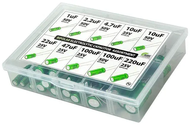 Alt view image 3 of 3 - Bipolar (Non Polarized) BP NP Audio Electrolytic Capacitor Assortment Kit, 50 pcs, 10 Values, 25-50 Volt, 1uF, 2.2uF, 4.7uF, 10uF, 22uF, 47uF, 100uF, 220uF