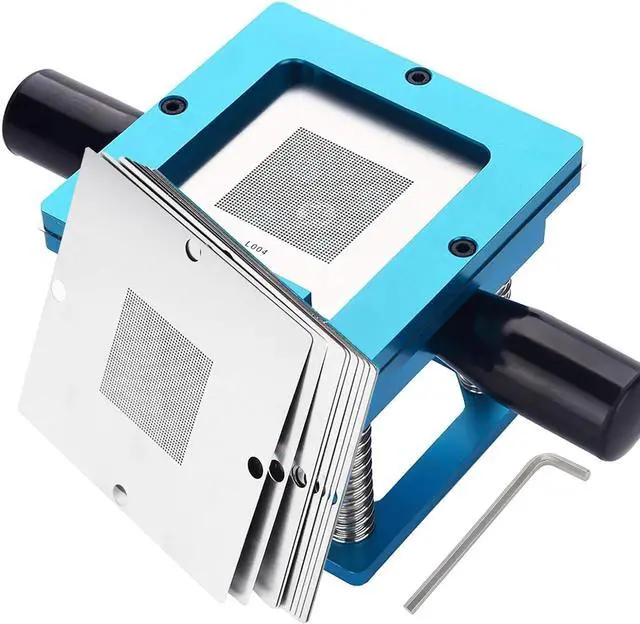 Main image of BGA Reballing Station, 90mm x 90mm Universal Stencils Holder Template Fixture Jig with Hand Shank, with 10 steel templates, Aluminum Alloy BGA Ball Planting Table with scale, Adjustable