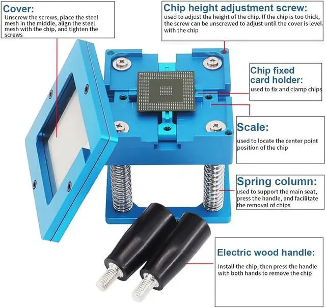 Alt view image 5 of 7 - BGA Reballing Station, 90mm x 90mm Universal Stencils Holder Template Fixture Jig with Hand Shank, with 10 steel templates, Aluminum Alloy BGA Ball Planting Table with scale, Adjustable