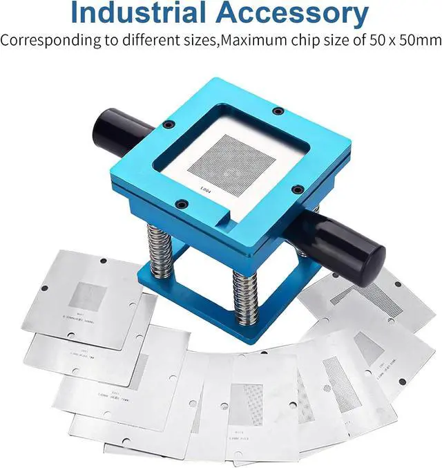 Alt view image 6 of 7 - BGA Reballing Station, 90mm x 90mm Universal Stencils Holder Template Fixture Jig with Hand Shank, with 10 steel templates, Aluminum Alloy BGA Ball Planting Table with scale, Adjustable