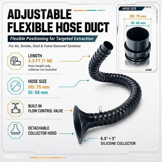 Alt view image 3 of 6 - Hard 75mm OD Articulated Hose 3ft (1m) Long Air Extractor Flexible Duct Collector Arm with Hood for Laboratory Laser Engraver Soldering Fume Welding Marking Round Nozzle with Valve Smoke Remove Pipe