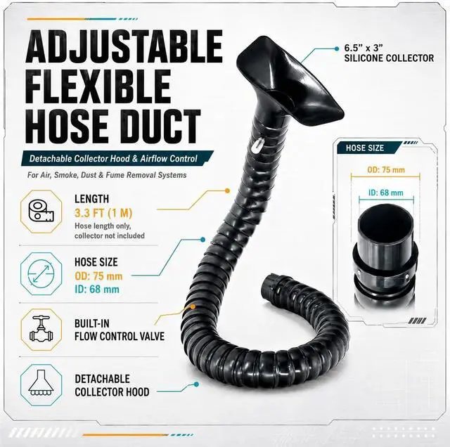 Alt view image 2 of 6 - Hard 75mm OD Articulated Hose 3ft (1m) Long Air Extractor Flexible Duct Collector Arm with Hood for Laboratory Laser Engraver Soldering Fume Welding Marking Round Nozzle with Valve Smoke Remove Pipe