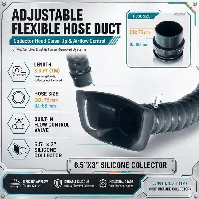 Alt view image 6 of 6 - Hard 75mm OD Articulated Hose 3ft (1m) Long Air Extractor Flexible Duct Collector Arm with Hood for Laboratory Laser Engraver Soldering Fume Welding Marking Round Nozzle with Valve Smoke Remove Pipe