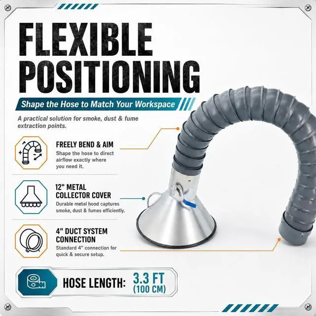 Alt view image 7 of 7 - Hard 4'' Articulated Hose 3ft Long Air Extractor Flexible Duct Collector Arm with Hood for Laboratory Laser Engraver Soldering Fume Welding Marking Round Nozzle Smoke Remove Pipe
