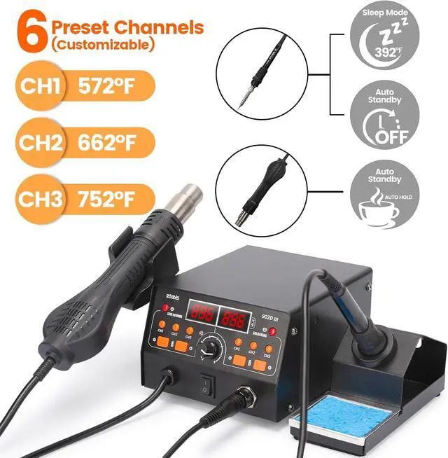 Alt view image 3 of 7 - 902D III Hot Air Soldering Station 2-IN-1 Kit with 3 Preset Channels, Small Silicone Work Mat, 4 Soldering Tips, 2 Lead-free Solder, Solder Sucker, ESD-Safe Tweezers