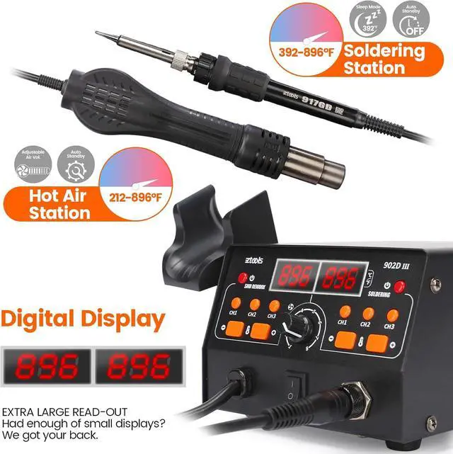 Alt view image 2 of 7 - 902D III Hot Air Soldering Station 2-IN-1 Kit with 3 Preset Channels, Small Silicone Work Mat, 4 Soldering Tips, 2 Lead-free Solder, Solder Sucker, ESD-Safe Tweezers