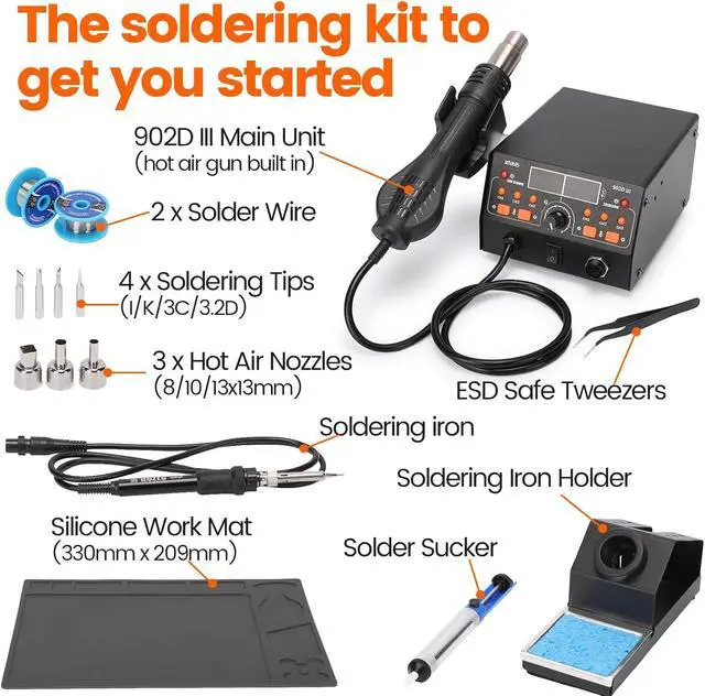 Alt view image 6 of 7 - 902D III Hot Air Soldering Station 2-IN-1 Kit with 3 Preset Channels, Small Silicone Work Mat, 4 Soldering Tips, 2 Lead-free Solder, Solder Sucker, ESD-Safe Tweezers