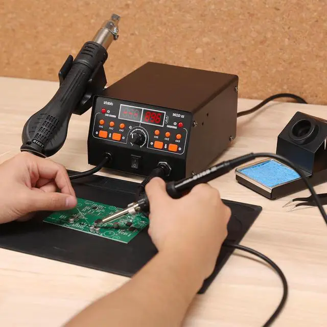 Alt view image 7 of 7 - 902D III Hot Air Soldering Station 2-IN-1 Kit with 3 Preset Channels, Small Silicone Work Mat, 4 Soldering Tips, 2 Lead-free Solder, Solder Sucker, ESD-Safe Tweezers