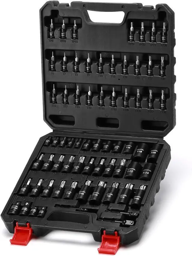 Main image of Master Torx Bit Socket and External Torx Socket Set, 1/4" 3/8" 1/2" Drive, 67PCS, T6-T70, TT6-TT70, TP8-TP60, E4-E24, Includes Socket Adapters, Drill Adapters, CR-V Steel