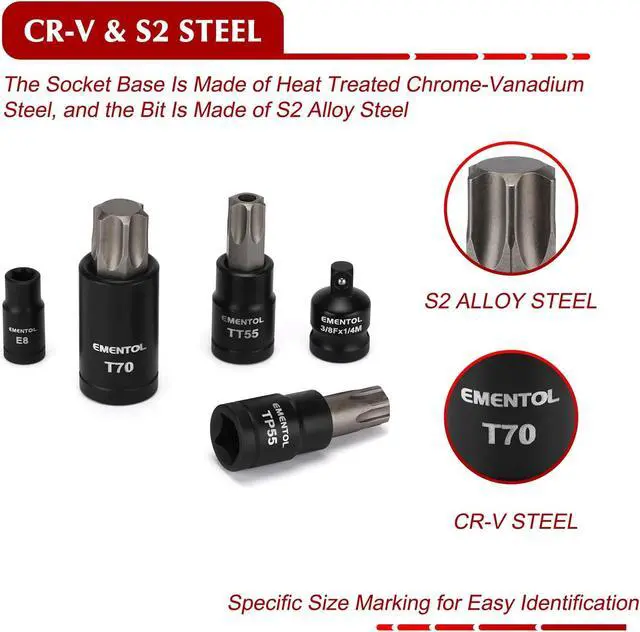 Alt view image 4 of 7 - Master Torx Bit Socket and External Torx Socket Set, 1/4" 3/8" 1/2" Drive, 67PCS, T6-T70, TT6-TT70, TP8-TP60, E4-E24, Includes Socket Adapters, Drill Adapters, CR-V Steel
