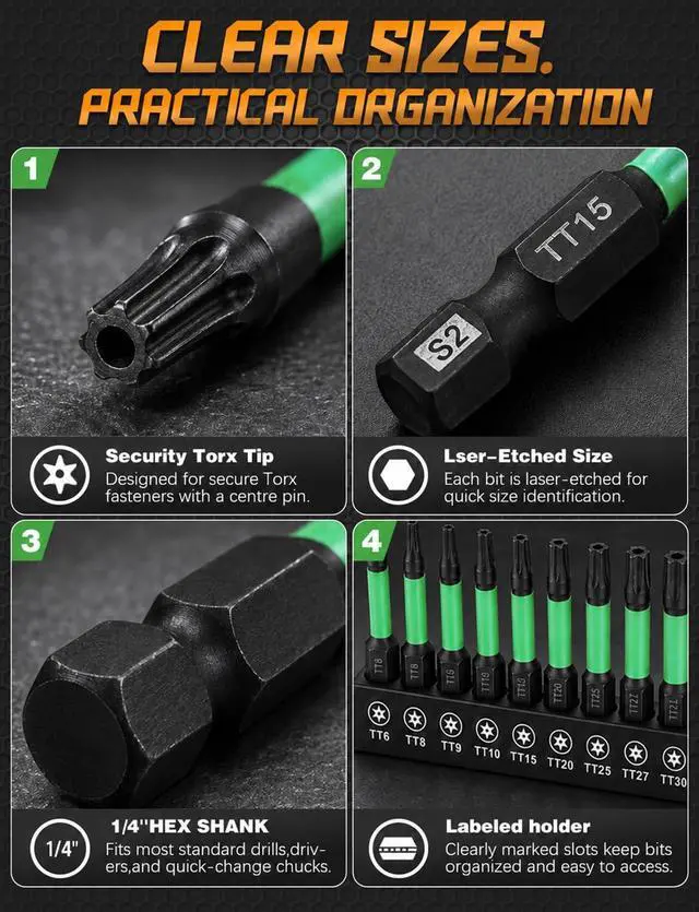 Alt view image 4 of 7 - 27PCS Security Torx Bit Set, 1 & 2-Inch Magnetic, Impact-Ready | Tamper-Resistant Center Holes, 1/4 in Hex Shanks, Shock-Resistant Alloy Steel, Magnetic Tips, Allen Wrench Drill Bit Set