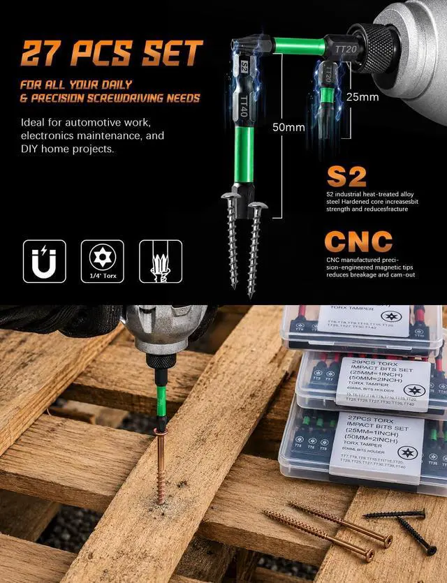 Alt view image 5 of 7 - 27PCS Security Torx Bit Set, 1 & 2-Inch Magnetic, Impact-Ready | Tamper-Resistant Center Holes, 1/4 in Hex Shanks, Shock-Resistant Alloy Steel, Magnetic Tips, Allen Wrench Drill Bit Set