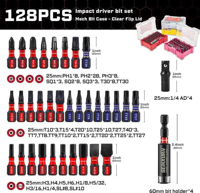 Alt view image 2 of 7 - Geinxurn 128Pieces Impact Screwdriver Bits Set, S2 Steel Magnetic Phillips/Slotted/Square/Security Torx/HEX Muliti Insert Bits Tips Set with Impact Bit Holder and 1/4Socket Adapter(Storage Box Case)