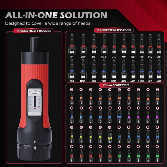 Alt view image 2 of 7 - 64-Piece Torque Screwdriver Set, 10-70 in-lb, 1/4" Drive Inch Pound Torque Wrench with 40 S2 Bits, 20 CR-V Magnetic SAE and Metric Nut Drivers, T-Bar, Bit Holder, 1/4" Magnetic Extension and Case