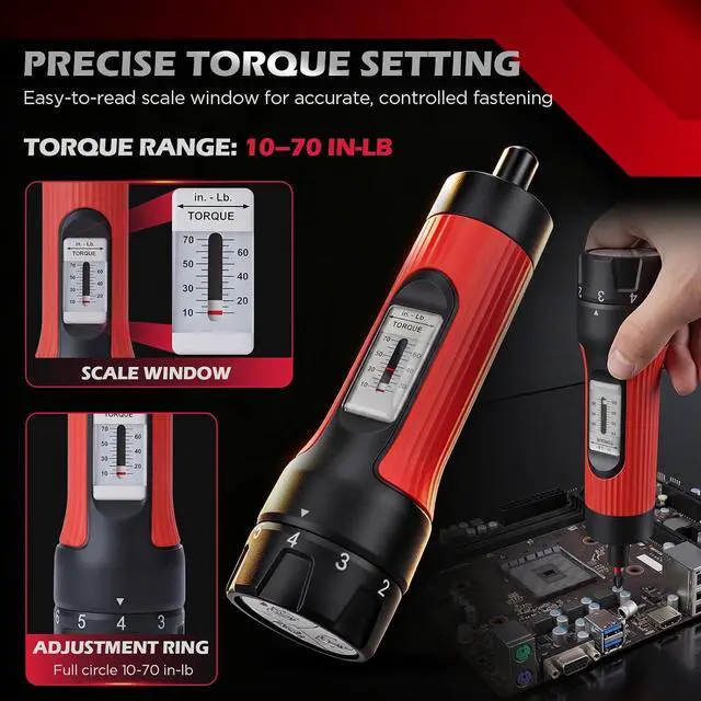 Alt view image 5 of 7 - 64-Piece Torque Screwdriver Set, 10-70 in-lb, 1/4" Drive Inch Pound Torque Wrench with 40 S2 Bits, 20 CR-V Magnetic SAE and Metric Nut Drivers, T-Bar, Bit Holder, 1/4" Magnetic Extension and Case