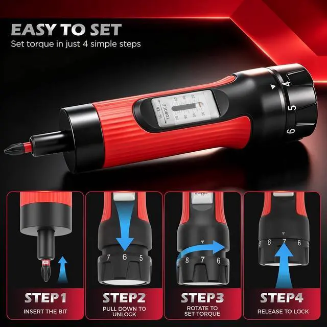 Alt view image 6 of 7 - 64-Piece Torque Screwdriver Set, 10-70 in-lb, 1/4" Drive Inch Pound Torque Wrench with 40 S2 Bits, 20 CR-V Magnetic SAE and Metric Nut Drivers, T-Bar, Bit Holder, 1/4" Magnetic Extension and Case
