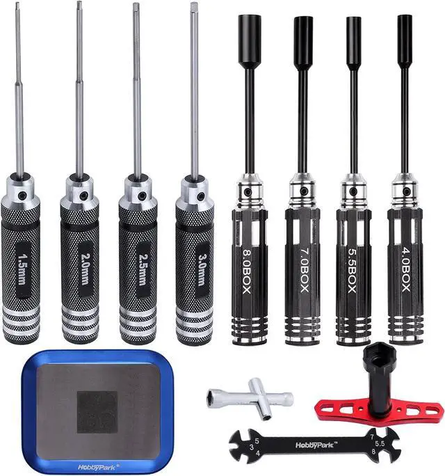 Main image of Hex Driver Set (1.5mm 2.0mm 2.5mm 3.0mm), Hex Nut Driver Set(4.0/5.5/7.0/8.0mm) Screwdriver Kit, 17mm Wheel Wrench, RC Screw Tray, Turnbuckle Wrench, RC Repair Tools Kit for RC Cars