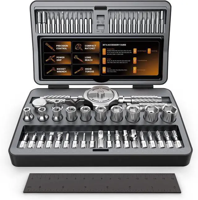 Main image of T Handle Ratchet Screwdriver Set, Upgraded 62 in 1 Magnetic Screwdriver Set | 10 Sockets & Storage Case, Ratcheting Screwdriver for Furniture, Bicycle, Electronics, Auto, DIY & Gift for Men