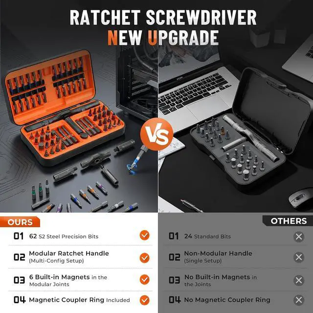Alt view image 5 of 7 - 66 in 1 Magnetic Ratchet Screwdriver Set, Professional S2 Steel Precision Tool Kit with Magnet Case, Ratcheting Driver for Furniture Assembly, Electronics,Laptop Repair, DIY Enthusiasts, Men Dad Gift