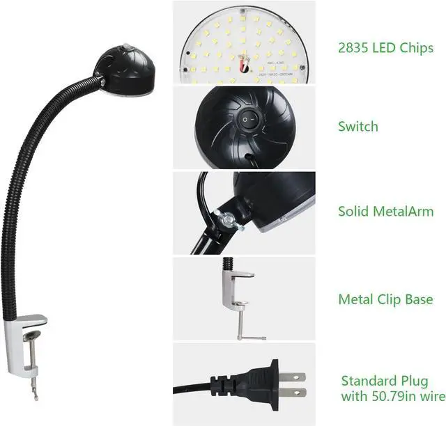 Alt view image 4 of 6 - 20W LED Clamp on Work Light with Metal Clip Base, 2000 Lumens 6500K 110V US Plug, Drill Press Light with Flexible Gooseneck for Work Bench, Lathe, Sewing Machine