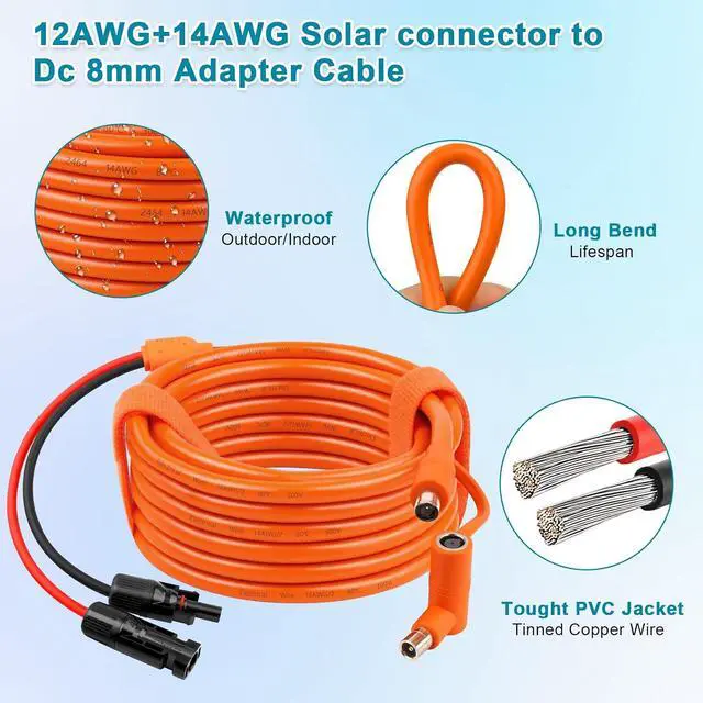 Alt view image 2 of 6 - Solar Panel to DC 8mm Adapter Cable 40FT, Solar Connector to DC7909/8020 Male Plug Extension Cord, 12AWG+14AWG Tinned Copper Wire Compatible with Portable Power Station