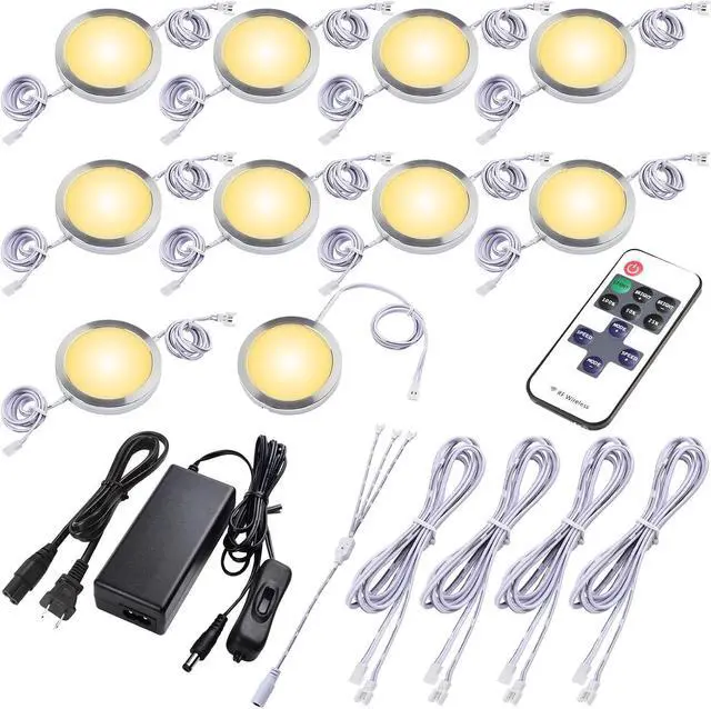 Main image of Round LED Puck Lights, Liquor Under Cabinet Accent Light Kit, 110 Volt Hard Wire & Plug in, Daisy Chain Linkable, Wireless RF Remote Control Dimmable, White Cords, Warm White, 10 Lights