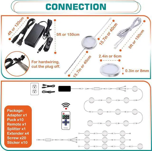 Alt view image 2 of 7 - Round LED Puck Lights, Liquor Under Cabinet Accent Light Kit, 110 Volt Hard Wire & Plug in, Daisy Chain Linkable, Wireless RF Remote Control Dimmable, White Cords, Warm White, 10 Lights