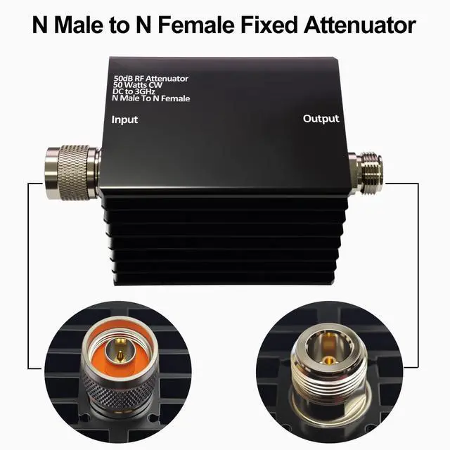 Alt view image 2 of 6 - 50W RF Attenuator DC-3GHz N-M/F 50dB Attenuation with SMA Adapters | N Male to Female Fixed Attenuator kit for Tinysa Ultra Spectrum Analyzer Antennas & Test Equipment, Aluminum Alloy Heat Sink
