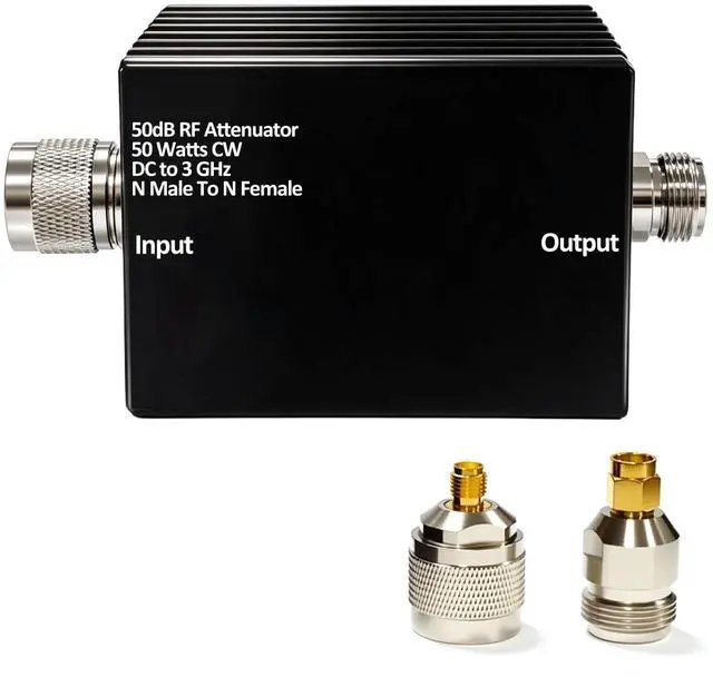 Main image of 50W RF Attenuator DC-3GHz N-M/F 50dB Attenuation with SMA Adapters | N Male to Female Fixed Attenuator kit for Tinysa Ultra Spectrum Analyzer Antennas & Test Equipment, Aluminum Alloy Heat Sink