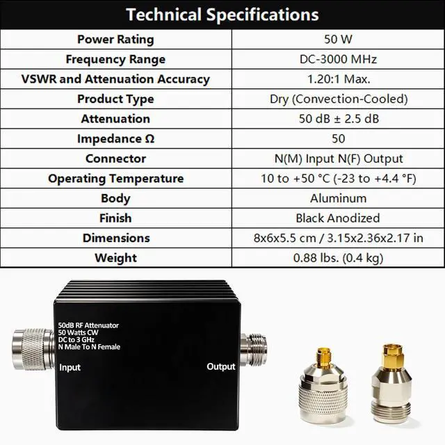 Alt view image 6 of 6 - 50W RF Attenuator DC-3GHz N-M/F 50dB Attenuation with SMA Adapters | N Male to Female Fixed Attenuator kit for Tinysa Ultra Spectrum Analyzer Antennas & Test Equipment, Aluminum Alloy Heat Sink