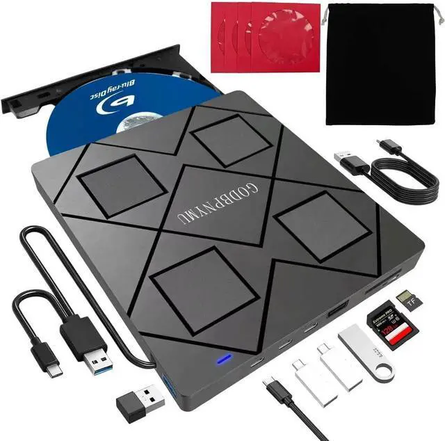 Main image of 8-in-1 External Blu-ray Drive, USB-C Hub & Card Reader for Laptop | Win11/10/8/7/Mac OS.compatible · 2 USB + USB-C ports,TF/SD Card Reader, · 1+4 storage bags included