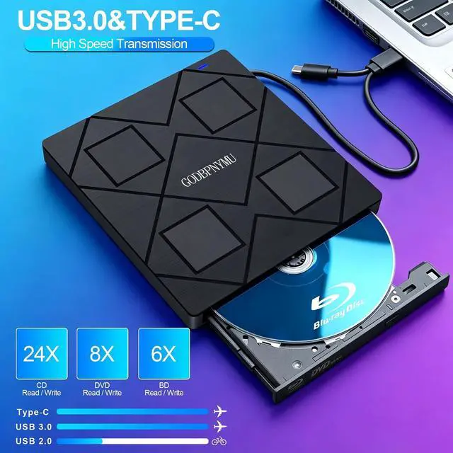 Alt view image 2 of 7 - 8-in-1 External Blu-ray Drive, USB-C Hub & Card Reader for Laptop | Win11/10/8/7/Mac OS.compatible · 2 USB + USB-C ports,TF/SD Card Reader, · 1+4 storage bags included