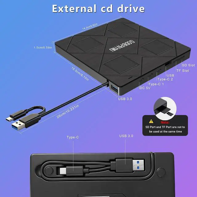 Alt view image 3 of 7 - 8-in-1 External Blu-ray Drive, USB-C Hub & Card Reader for Laptop | Win11/10/8/7/Mac OS.compatible · 2 USB + USB-C ports,TF/SD Card Reader, · 1+4 storage bags included